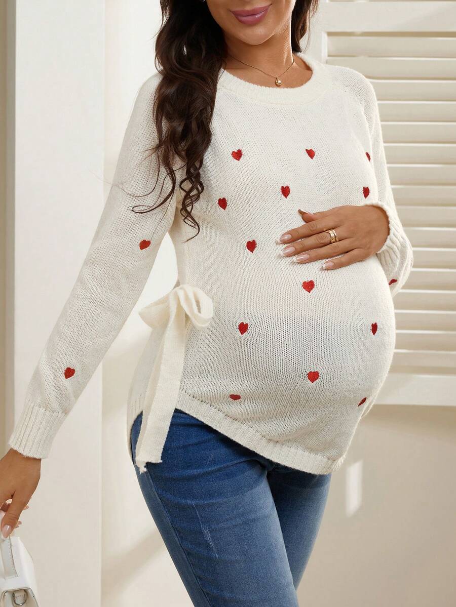 SHEIN Heart Pattern Casual Side Lace-Up Long Sleeve Pullover Maternity Sweater