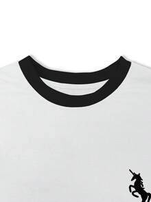 Resyla Camiseta de mujer/Estampado de patrón de unicornio/Artesanía de bordado/Camiseta holgada casual de mujer de cuello redondo con contraste de color/Sudadera de moda/Primavera y verano