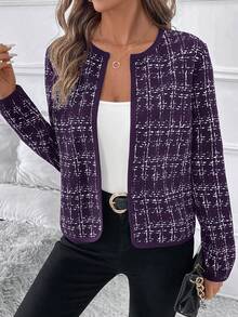 SHEIN Clasi 女士格子长袖开襟休闲外套，秋冬季百搭单品 - 紫色 - 查看 7