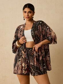 Travachic Plus Size Women Bohemian Cashew Flower & Paisley Print Cardigan And Shorts Two Pieces Outfit, Casual Holiday Beach Wear - Brown - View 6
