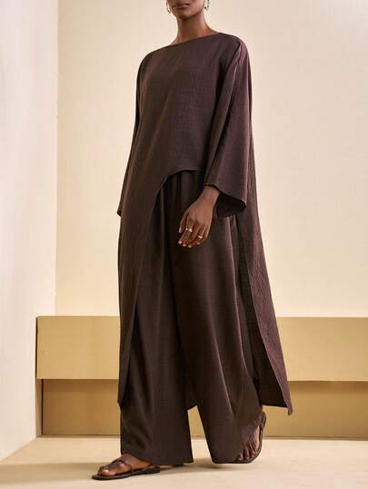 Zivah 2026 Spring/Summer New Casual Commuting Loose Linen Material Brown Bat Sleeve Irregular Hem Blouse + High Waist Wide-Leg Pant Women Two Pieces Set, Suitable For Christmas, New Year, Daily Travel, Festivals, Shopping, Travel, Brunch Clothes, Airport Clothes, Party, Dates,Back To School-Z