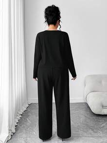 Elenzga Áo kiểu tay dài bó sát, trang trí nút kim loại thanh lịch mới dành cho nữ cỡ lớn, bộ 2 món thường ngày công sở - màu đen - Xem 2