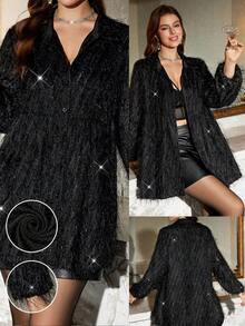 SHEIN LUNE 大码女式半透明羽毛流苏激光切割雪纺休闲宽松上衣，适合派对、户外活动、感恩节、新年、冬季、优雅女士派对、圣诞节等场合。 - 黑色 - 查看 4