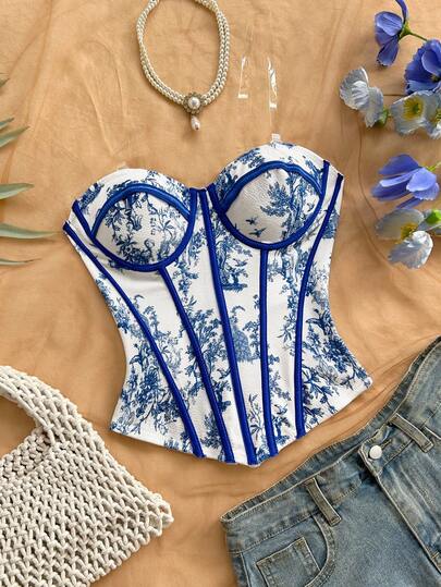 Soleia Women's Retro Floral Contrast Color Crop Top, Vintage Bustier Corset Top, Suitable For Party, Bohemian, Boho, Vacation, Fall