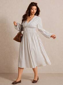 Elaquor Plus Size Urban Minimalist Knit Striped V-Neck Waist Flared Midi Dress For Women - Apricot - View 4