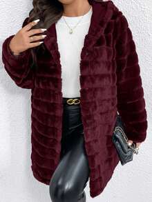 SHEIN Clasi 大码女式奢华休闲仿毛皮连帽外套 - 酒紅色 - 查看 6