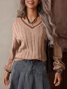 SHEIN LUNE 休闲宽松长袖百搭女式毛衣 - 駝色 - 查看 4