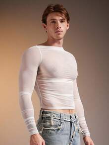 FeverCity 男士性感透明柔软长袖T恤 - 白色 - 查看 1