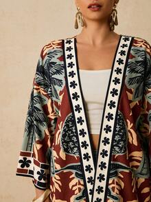 Travachic 大码女式热带植物棕榈树印花宽松和服，中长袖花卉图案休闲沙滩装，浪漫早春女式沙滩夏季款 2026