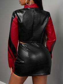 Slaydiva 2025 Autumn New Halloween Birthday Party Banquet College Style Student Daily Casual Cruise Travel Viral Streetwear Sexy Club Y2K Punk Racing Motorcycle Inspired Women 2pcs Set: Long Sleeve Fitted Jacket + Bodycon Mini Skirt, Black With Yellow PU Ink Print, Autumn/Winter - Red - View 2