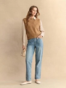 Rosivie Women's Round Toe Retro Ballet Style Black & White Contrast Mary Jane High Heel Shoes, Casual Spring Outfit Wear - Beige - View 4