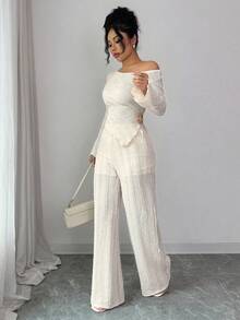 Selianne 女式不对称下摆金属扣长袖上衣和裤子优雅针织两件套 - 杏色 - 查看 6