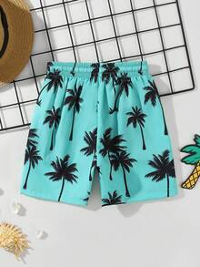 SHEIN Explorewe Young Boys Swimwear In Random Coconut Tree Print, Made Of 4-Way Stretch Fabric Boys Swim Trunks Boys Swim Shorts Tween Boys Swimwear Boys Bathing Suits Boys Swim Trunks With Compression Liner 4-Way Stretch Quick Dry Bathing Suit Toddler Beach Shorts - Multicolor - View 2