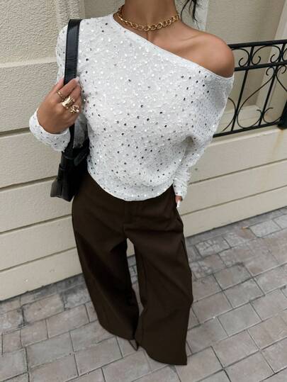Siren Gaze Sequin Decor Casual Loose Long Sleeve Asymmetric Collar Women T-Shirt, Sequin Top,Glitter Top,White For New Year's Eve,Party Top, Elegant, Autumn, Thermal T-Shirt, Suitable For Casual And Vacation, Spring/Autumn,French Style