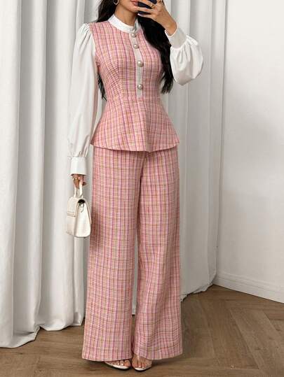 Modelyn Women's Pink Long Sleeve Tweed Beaded Waist Top And Straight Leg Pants