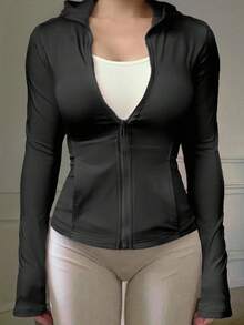 DAZY Áo khoác thể thao ngoài trời có mũ trùm đầu ôm sát có nơ cho nữ - màu đen - Xem 3