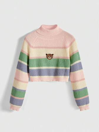Kawaii Pull col roulé à rayures avec broderie d'ours mignon, frais et charmant
