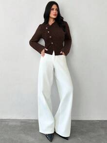 Firerie كنزة صوفية نسائية بياقة على شكل حرف V عميقة مزينة بأزهار، أزرار معدنية أمامية، أكمام طويلة، ملابس محبوكة للارتداء اليومي، وصول جديد للربيع والخريف والشتاء - بني - مشاهدة 8