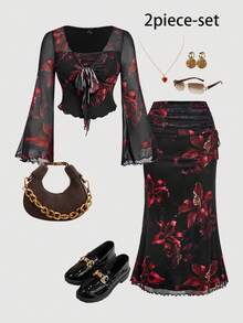 SHEIN MOD 大码女式花卉印花扭花前喇叭袖上衣和鱼尾裙优雅套装，女士秋季服装，秋季女式裙子秋季套装，高挑女装，女士秋季套装，度假装热带花卉两件套 - 彩色 - 查看 1