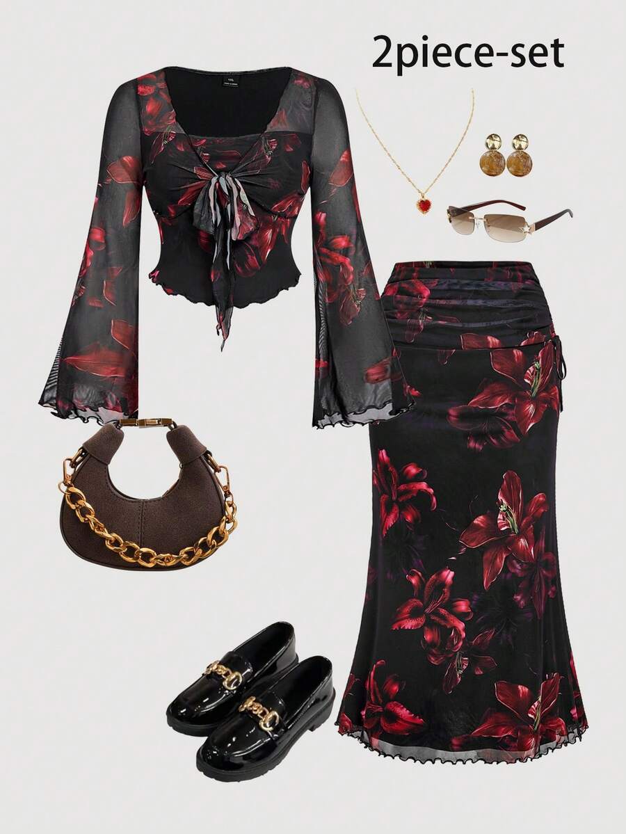 SHEIN MOD 大码女式花卉印花扭花前喇叭袖上衣和鱼尾裙优雅套装，女士秋季服装，秋季女式裙子秋季套装，高挑女装，女士秋季套装，度假装热带花卉两件套 - 彩色 - 查看 1