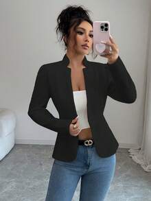 SHEIN Elenzya 女士优雅纯色格纹质感面料立领长袖高端优雅外套，适合感恩节、万圣节、街头风、秋冬季穿着。 - 黑色 - 查看 4