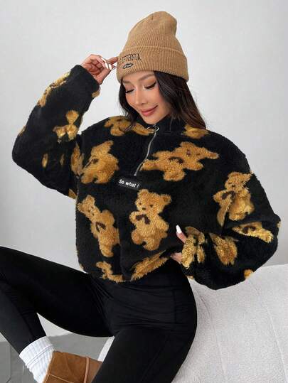 CovetEZ Cozy Women's Stand Collar Teddy Bear Print Half Placket Sweatshirt In Black Flannelette With Long Sleeves And Zipper Detail Fall Sweater Teddy Bear Print Jacket Fur Top Fuzzy Sweater Quarter Zip Sweater