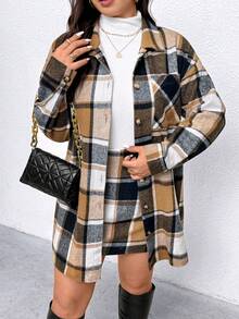 Elenzga Plus Size Women's Plaid Long Sleeve Cardigan Thin Jacket And Matching Plaid Mini Skirt 2 Pieces Set, Minimalist For Commuting - Brown - View 5