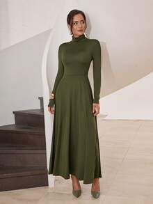 Modelyn Women's Casual Solid Color Turtleneck Long Sleeve Top Dress - Green - View 3