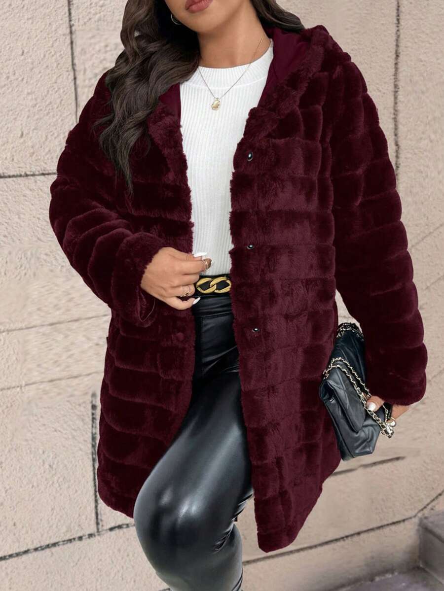 SHEIN Clasi 大码女式奢华休闲仿毛皮连帽外套 - 酒紅色 - 查看 1