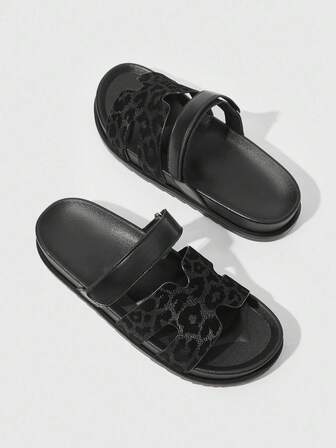 HighSole 2025夏季新款可调节搭扣露趾凉鞋，百搭黑色刺绣单带软底舒适平底凉鞋