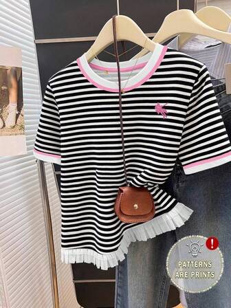 Almamuse Plus Size Women's Casual Striped & Horse Print Short Sleeve Tops, Versatile Design For Outdoor, Holiday, Fashion Streetwear, Back To School, Black & White Striped With Tassel Hem