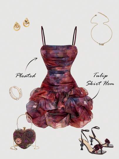 SHEIN MOD Women's Floral Fitted Ruched Bubble Hem Organza Mini Dress,Winter,, Eve Dress ,Party Dress ,Graduation Guest Dress,Floral Dress, Elegant Dress Women,Floral Dress For Women, Corset Top Dress, Unique Dress, Fantasy Dress,Party Dresses For Women,Dresses For Women Party