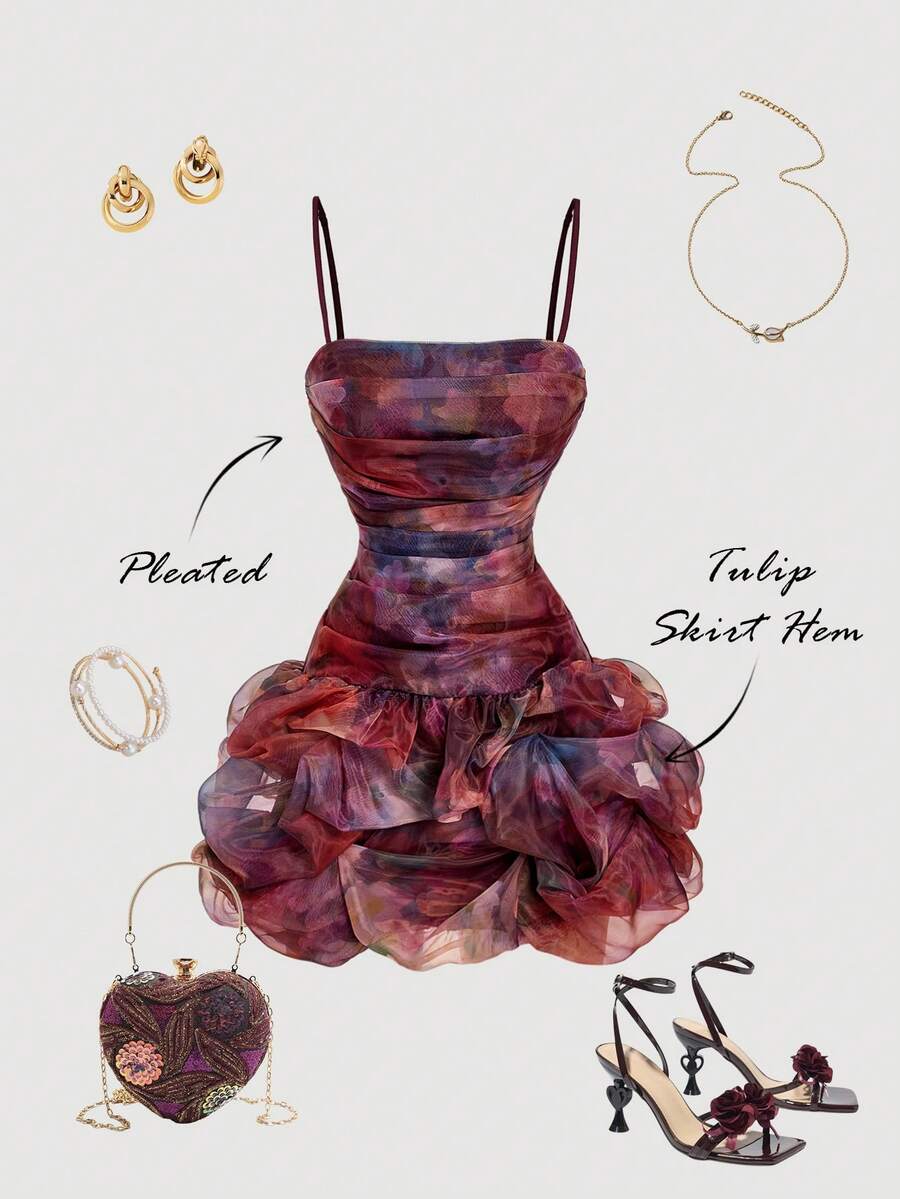 SHEIN MOD Váy ngắn organza nhún bèo họa tiết hoa dành cho nữ - Nhiều màu - Xem 1