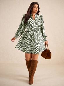 Elaquor 大码休闲通勤全印花V领连衣裙 - 軍綠色 - 查看 5