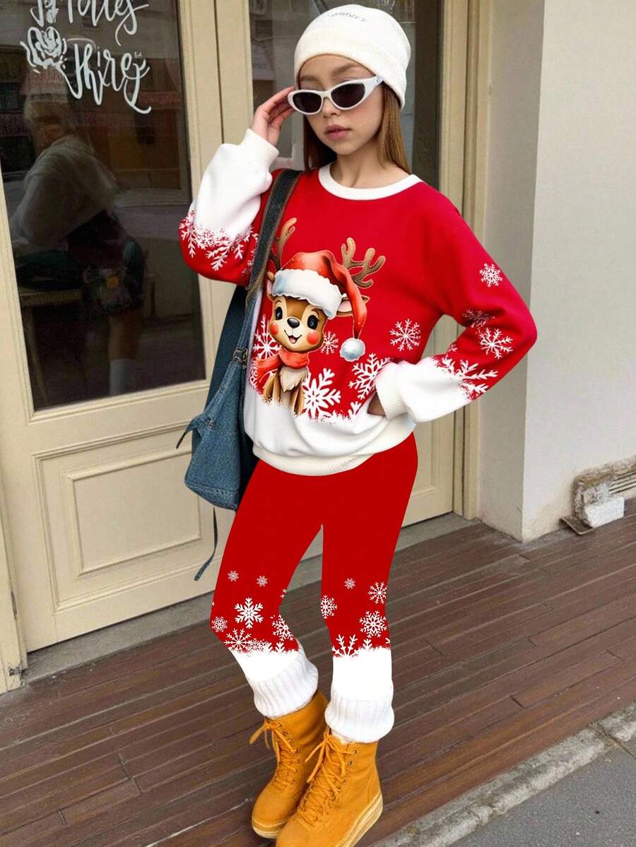 女童图案卫衣+打底裤套装,圣诞图案印花+雪花紧身打底裤,适合秋冬季节,休闲日常穿着,时尚百搭 - 彩色 - 查看 1