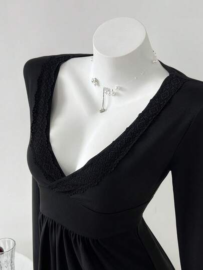 Elamini Casual Versatile Deep V-Neck Long Sleeve Lace Top, Autumn/Winter