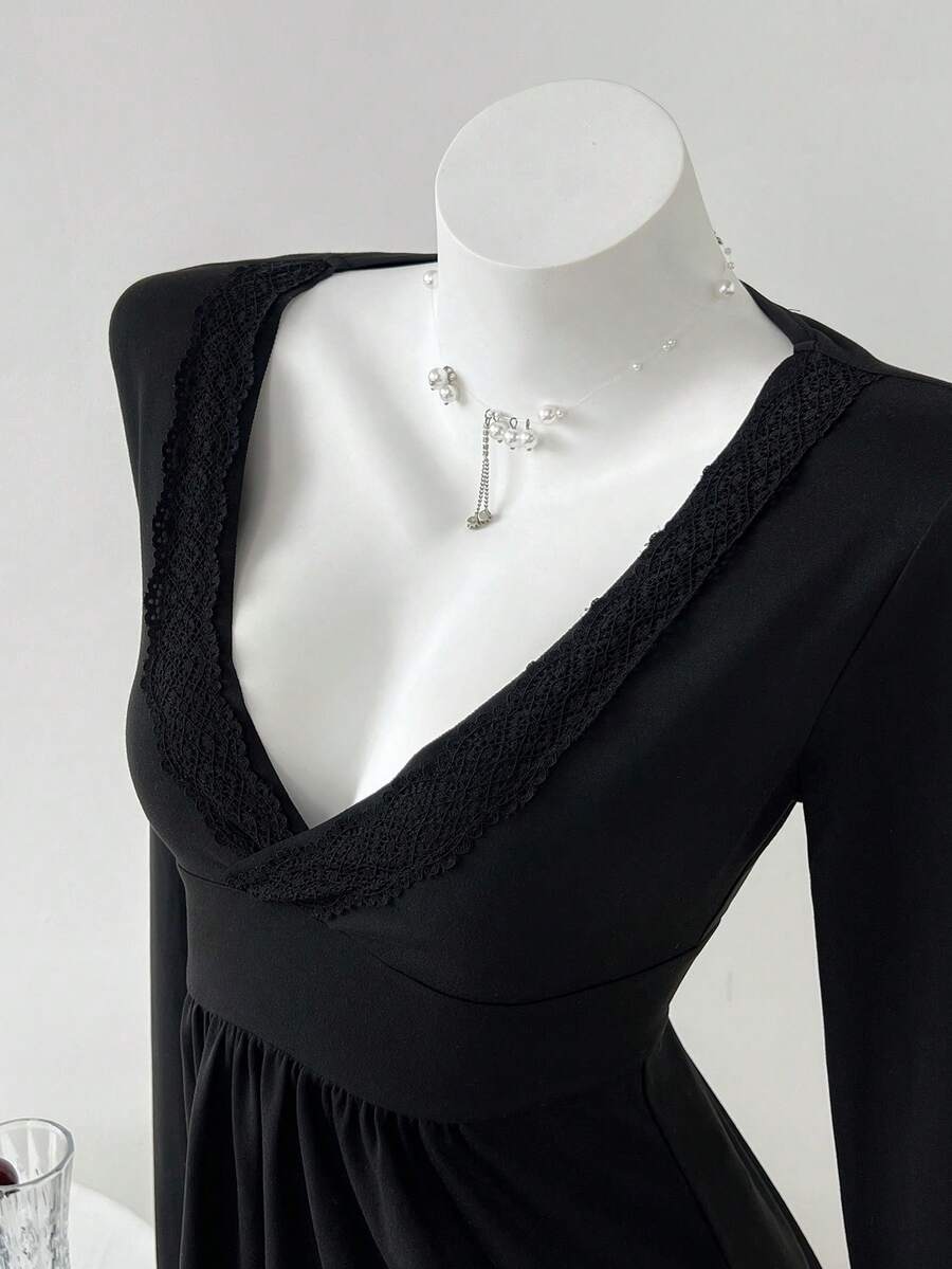 Elamini 休闲百搭深V领长袖蕾丝上衣，秋冬款 - 黑色 - 查看 1