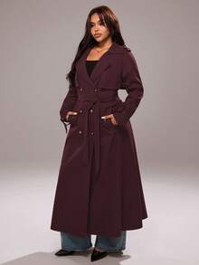 Rustia Plus Size Solid Color Double-Breasted Lapel Long Sleeve Casual Long Windbreaker - Burgundy - View 6