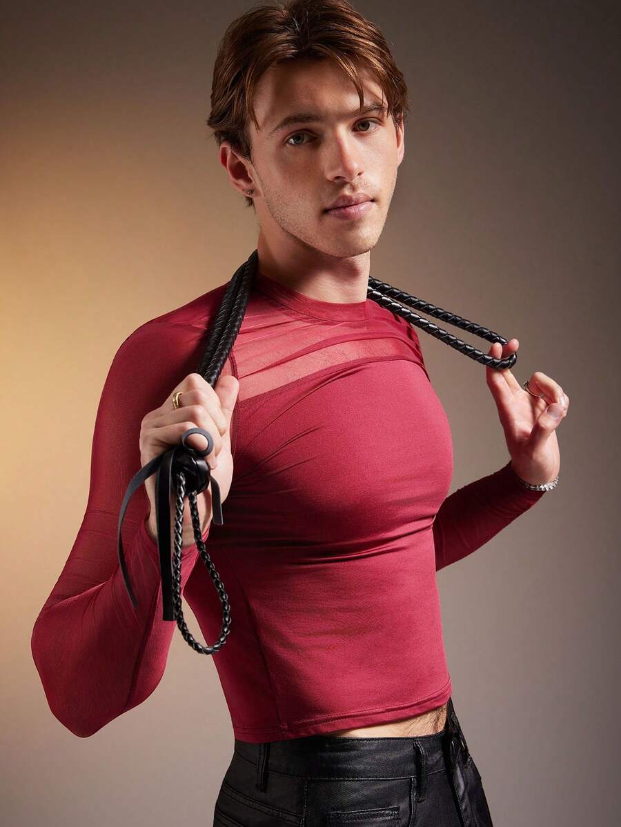 FeverCity Men's Fashion Mesh Patchwork Sheer Round Neck Sexy Long Sleeve T-Shirt - Red - View 1