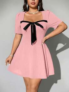 Viva Relle Đầm xòe tay ngắn cổ tim cỡ lớn cho nữ, thắt nút phía trước gợi cảm và thanh lịch - Hồng - Xem 3