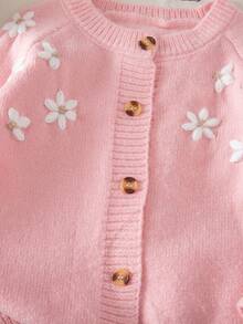 SHEIN Cute Floral Pattern Pink Cardigan, Versatile For Autumn/Winter, Babygirl