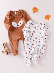 Newborn Baby Pajamas-2 Piece Pajama Set Fox Brown Footed Romper White Woodland Print Long Sleeve Round Neck Long Pants Option Cozy Warm Lightweight Breathable Multi Season Baby Sleep Outfit Holiday 2026 New Year Essential Gift