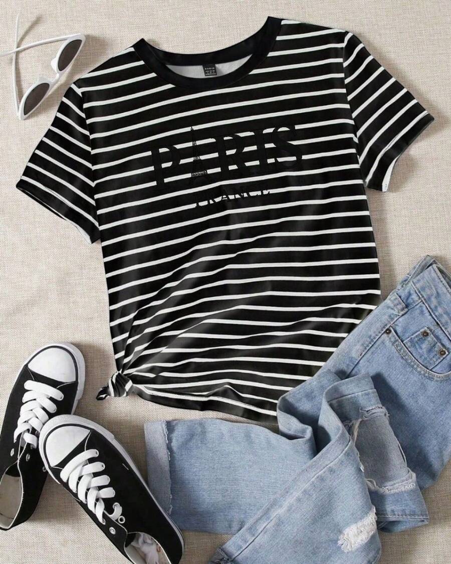 Camiseta de rallas con estampado de Paris - Negro - Ver 1