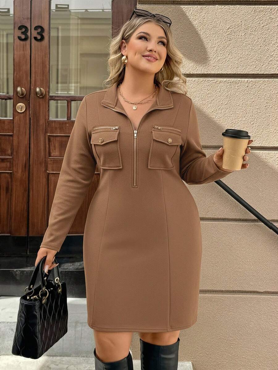 SHEIN Clasi Plus Size Solid Color Casual/Work Wear Dress, Autumn/Winter - Khaki - View 1