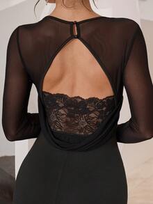Modelyn Damen Einfarbiges Rückenfreies Langarm Kleid - Schwarz - Übersicht 2