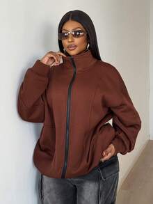 Maweii Sudadera casual holgada de manga larga con cremallera delantera y hombros caídos para mujer de talla grande de un solo color - Marrón - Ver 3