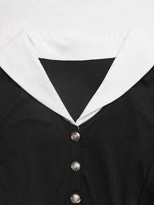 Lyxana Women's Colorblock Long Sleeve Button Design Elegant Commuter Dress - Black - View 3