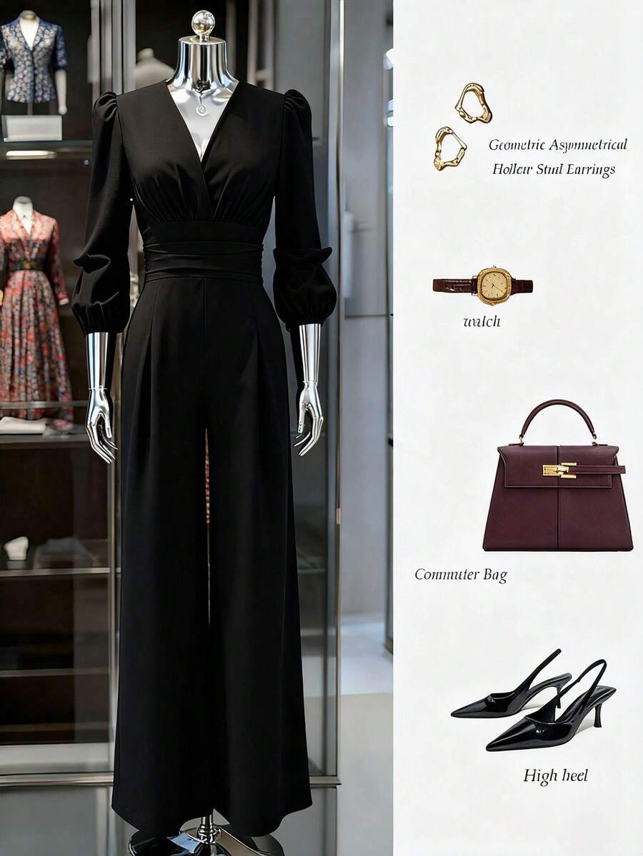 Pariaura Women's Casual & Commuter Shirred Pleated Jumpsuit, Solid Color, Slim Fit, Wide Leg, Spring/Autumn - Black - View 1
