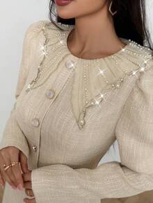 Modelyn Women's Autumn Long Sleeve Apricot Tweed Collar Faux Pocket Button Waist A-Line Elegant Dress - Apricot - View 7