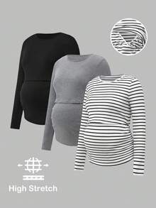SHEIN Modmama Women Plus Size Maternity Nursing Tops, Comfy Long Sleeve Breastfeeding T-Shirt, Autumn Apparel - Black and White - View 16